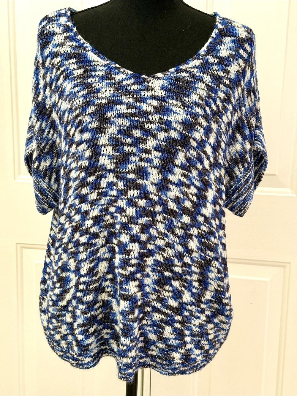 Spense Knit Blue & White Short Sleeve Women's Sweater Top Size PXL